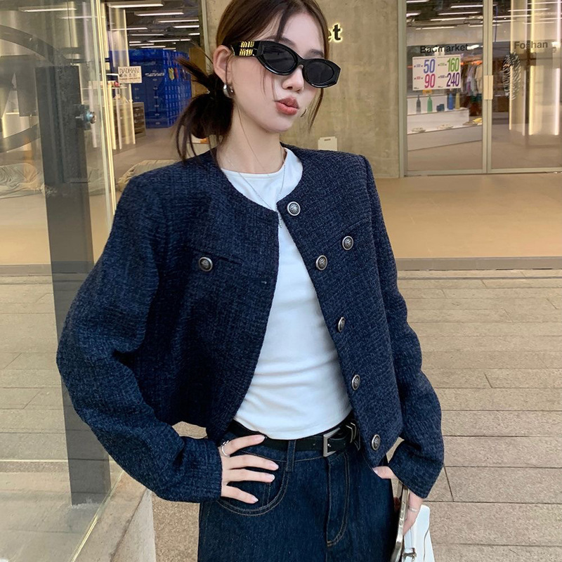藏蓝色法式松弛感小香风外套2025秋季设计感单排扣气质短款上衣|undefined