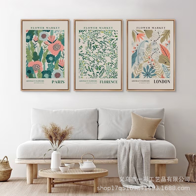 Tres pinturas abstractas de lona de flores y plantas con marcos, pinturas de paredes raspadas, arte moderno minimalista, instalación Bohemia