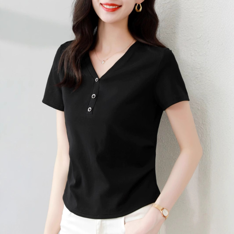 Summer New Fashion Niche Top Temperament Solid Color Fashion V Neck Ladieswear T-Shirt Women's Daily Easiest for Match Commuter T-Shirt Summer New Fashion Niche Top Temperament Solid Color Fashion V Neck Ladieswear T-Shirt Women's Daily Easiest for Match Commuter T-Shirt