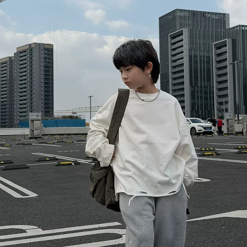 童装2025年冬季儿童抓绒割破打底衫批发百搭男童韩版宽松t恤内搭