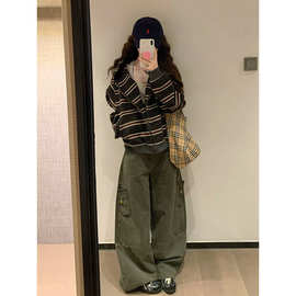 美式复古拼接条纹开衫拉链卫衣女春季宽松设计感显瘦百搭慵懒外套