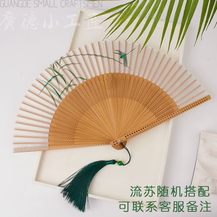 Round Handheld Fan, Chinese Style Hanfu/Cheongsam, Bamboo Ribs with Tassel, Lightweight 0.035 kg
