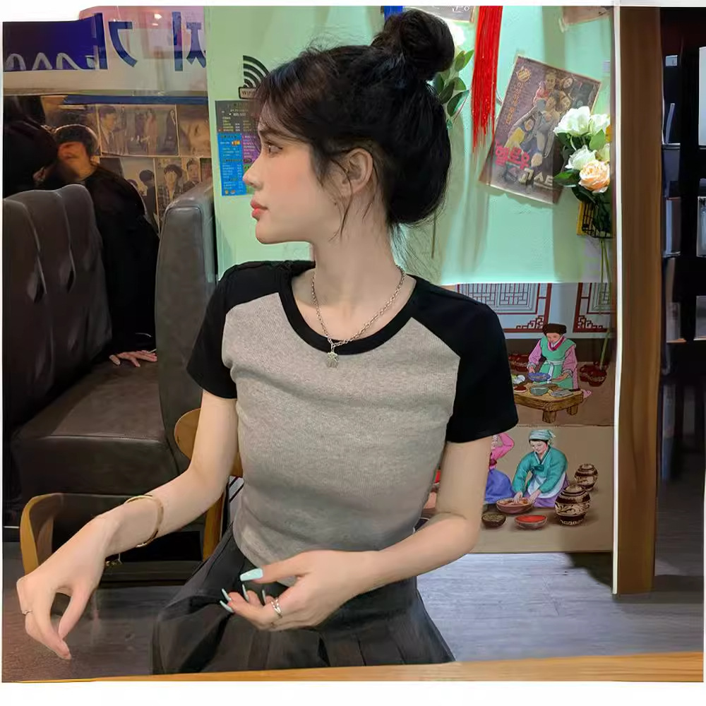 纯色短袖女韩版高腰潮ins百搭学生上衣夏2025年新款露脐短款t恤女