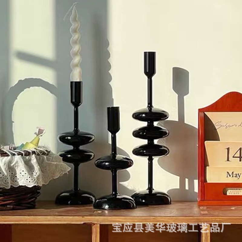 高级感轻奢黑色玻璃烛台复古风酒柜桌面装饰品摆件插花器玻璃花瓶