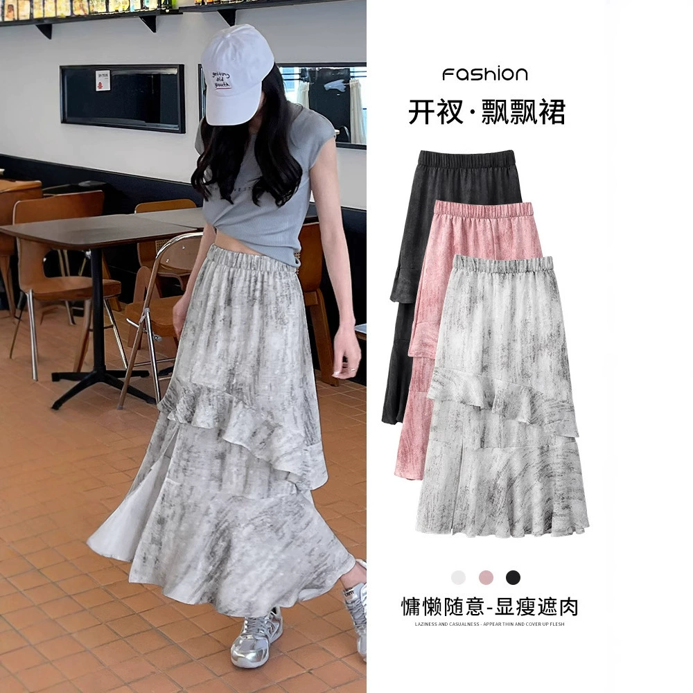 Юбка для женщин, лето 2025, новая асимметричная юбка трапециевидной формы средней длины с разрезом, миниатюрная юбка с рюшами