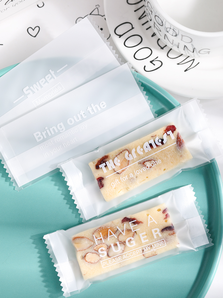 Bolsa de embalaje de nougat, embalaje de toffee, papel de azúcar, bolsas de pastel de leche de mango, sello de máquina transparente, bolsas pequeñas letras esmerizadas