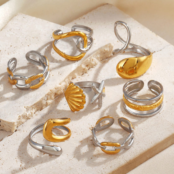 European and American Fashion Stainless Steel Simple Style Gold and Steel Color Ring Personalized Hip Hop Chain Design Color Ring
