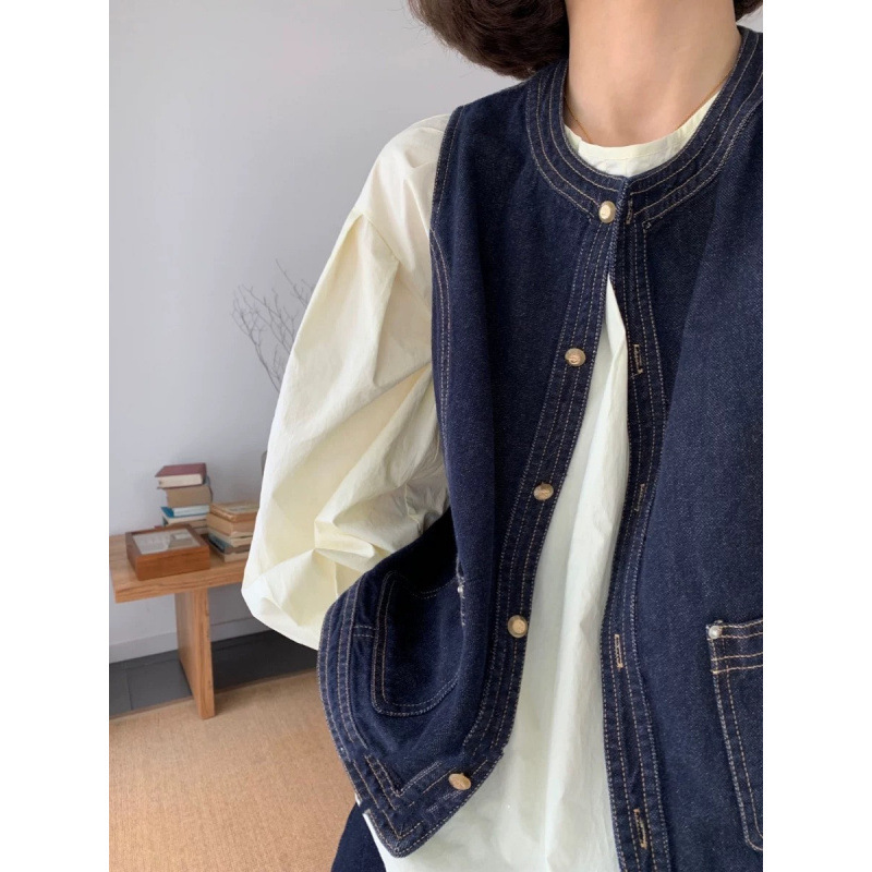 Japanese Retro Denim Vest for Women, Spring and Autumn, Petite Short Layered Shirt, Small Waistcoat Outerwear, Trendy Top Vest