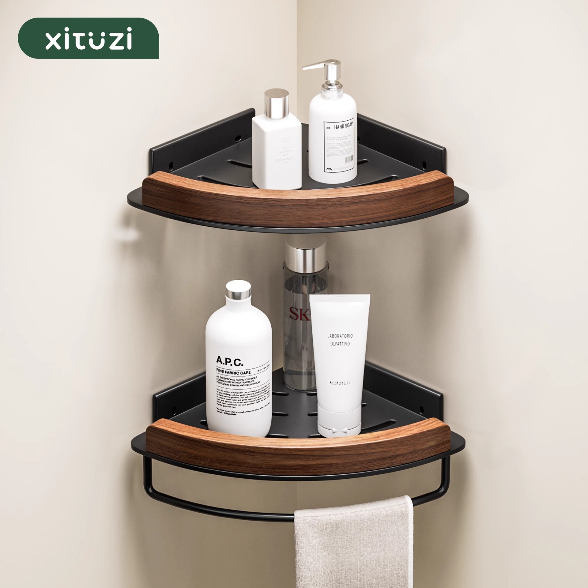 Xituzi Black Walnut Bathroom Storage Rack Bathroom Corner Rack Tripod Corner Punch-Free Wall-Mounted Storage Rack