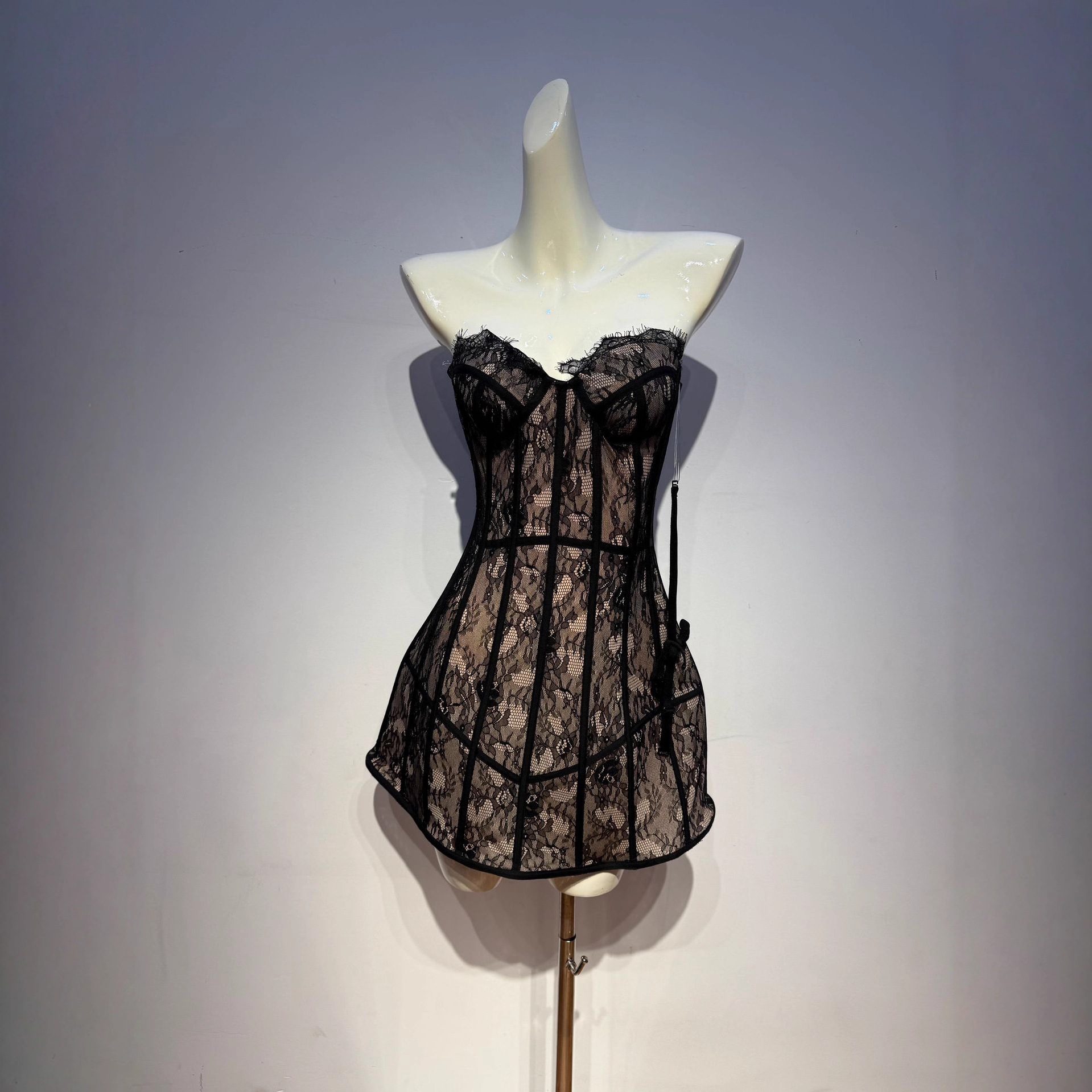 Foreign Trade Independent Station European and American Style High-End Black Sexy Dress Tube Top Fishbone Lace Sexy Date Dress