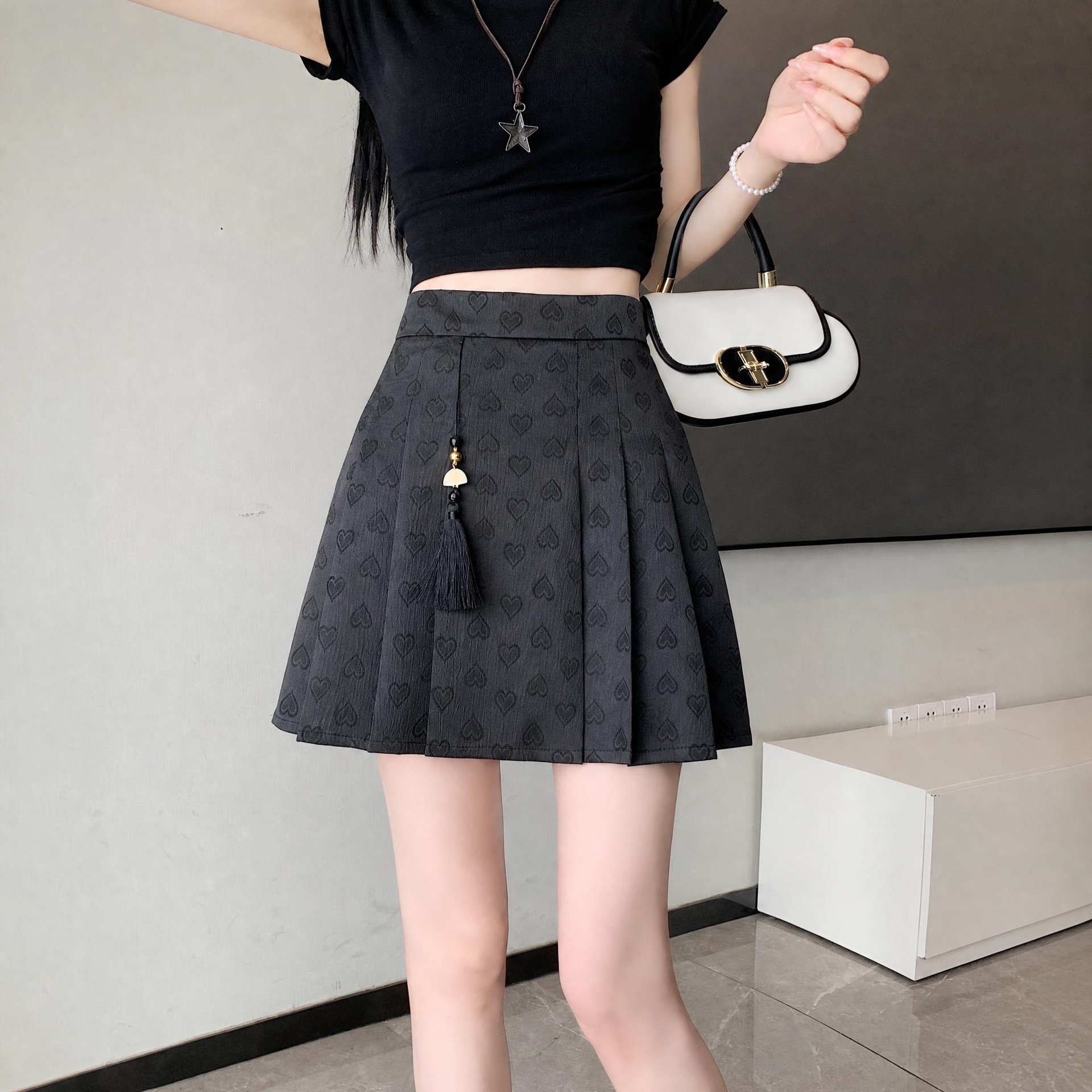 Women's short skirt, jacquard horsehair skirt, 2026 new model, plus size, Chinese style pleated skirt, high-waisted, slimming A-line skirt, half-length skirt