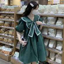 新款绿色法式连衣裙少女气质2023初中高中夏季甜美收腰显瘦裙子