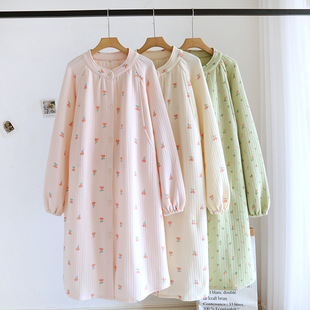 Pregnant women's long-sleeved nightdress nursing round neck spring/summer autumn long dress nursing dress sweet floral home dress