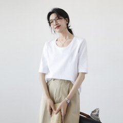 大きいUネックの鎖のtシャツの女性の5分の中袖の肩のシンプルな外着のゆったりしている通勤の大きい丸首のtシャツの杉の上着