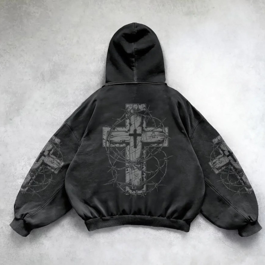Men's Clothing Fashion Loose Pullover Cross Heart Print Side Pocket Hooded Sweatshirt_voghion.com