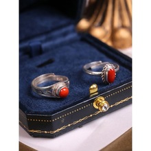 尼泊尔风格手工银戒指复古个性气质民族风镶嵌红松石戒指女款开口