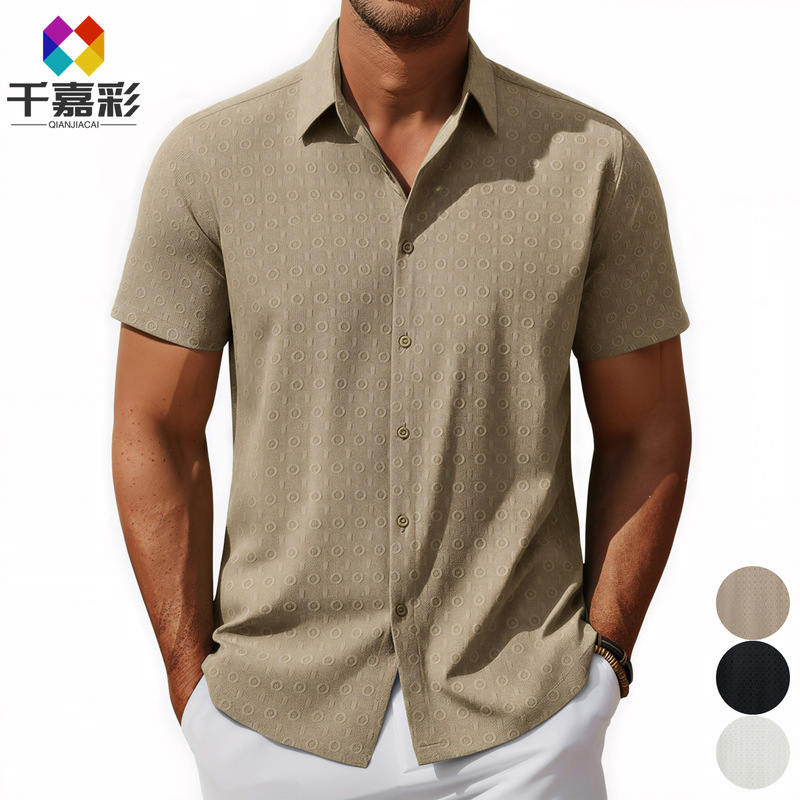 Foreign Trade Cross-Border Men's Clothing European and American Style Lapel Short-Sleeved Lace Shirt Summer Pure Color Casual Men's Shirt A0409