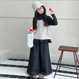 女童巨好看套装秋季2025新款女大童韩系穿搭秋装马甲阔腿裤三件套