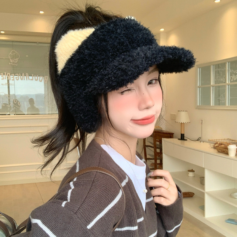 可爱猫咪耳朵毛绒空顶鸭舌帽秋冬季防风护耳帽户外休闲保暖帽子女|undefined