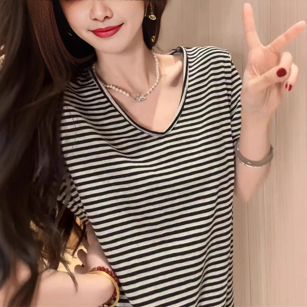 Verano U-collar rayas camiseta de manga corta coreana mujer casual 2026 nuevo perezoso suelto delgado chic top image 1