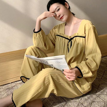 厂家直销女款小方领宽松贡缎棉宫廷风套头睡衣套装两件套家居服批