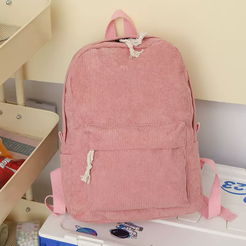 新款纯色学生书包女灯芯绒高颜值大容量双肩包简约大学生双肩包
