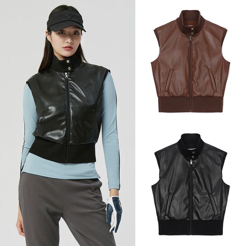 Korean Golf Women's Spring & Fall Outdoor Leather Style Sleeveless Zipper Vest Top Windproof and Trendy