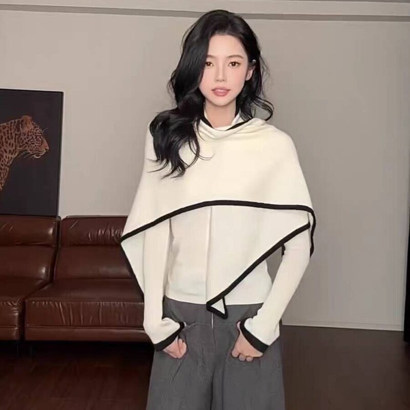 Designed with Contrasting Color Shawl, Real Two-Piece V-Neck Knitwear for Women to Wear in Early Autumn, Slim Fit and Inner Top Designed with Contrasting Color Shawl, Real Two-Piece V-Neck Knitwear for Women to Wear in Early Autumn, Slim Fit and Inner Top