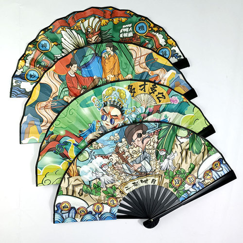 Ancient Dynasty 8-inch Student Style Plastic Fan with Silk Fabric, Folding Hand Fan, Wholesale Illustration Style Foldable Fan, Bar Dancing Fan