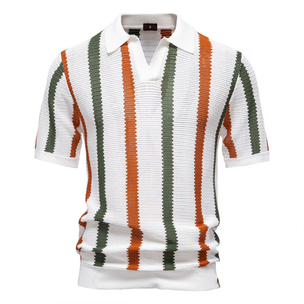 Sweater Men's Stripesd Knitted Men's Short-Sleeved Breathable Polo Shirt Summer Polo Cut Out 2025 European Size New Style