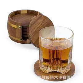 木制杯垫胡桃木威士忌酒杯垫创意酒桶造型收纳盒实木杯垫隔热茶托