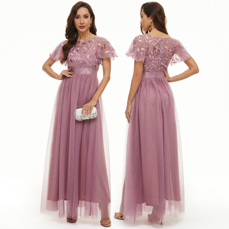 Vestido de lentejuelas manga corta cuello redondo pettiskirt vestido de noche cintura alta elegante dama de honor brindis vestido banquete ropa 115