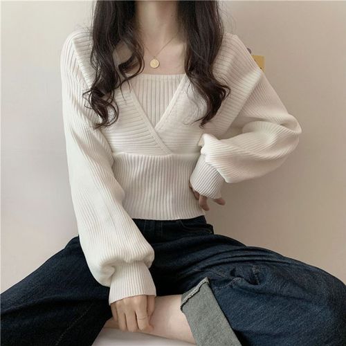 Spring and Autumn Design-Statement Fake Two-Piece Square-Neck Base Shirt | Fashionable Short All-Match Sweater with Puff Sleeves | Women's Knitted Top
