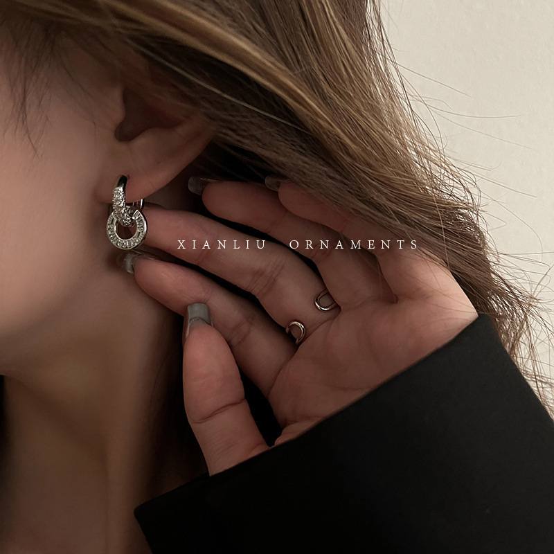一款兩戴式鋯石雙環耳扣耳環女新款潮耳釘時尚百搭小眾設計感耳飾