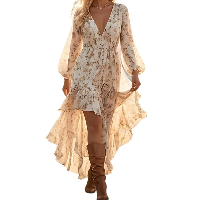 LN1470 スポット 2025 ヨーロッパとアメリカの婦人服ボヘミアン V ネック不規則な裾プリント長袖ドレス|undefined