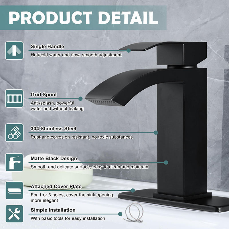 Cross-border 304 stainless steel waterfall basin faucet black square wash basin bathroom wash basin hot and cold faucet