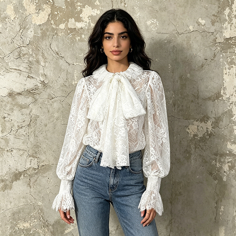 French-Style Gentle and Sweet Lace Top 2026 New Model with Lantern Sleeves, Bow Tie, and Embroidered Design Shirt