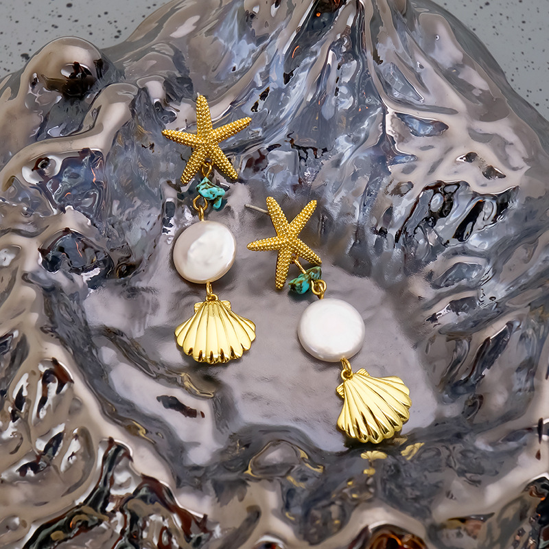 Starfish, Shell Pattern Women'S Gender Plating Design Casual Retro Starfish Shell Freshwater Pearl Copper Plating 18k Gold Plated Women's Drop Earrings