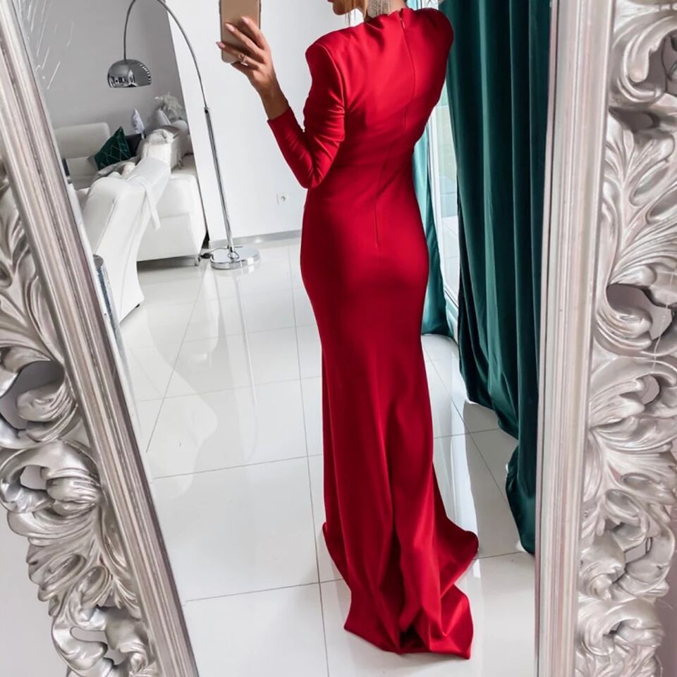 Vestido de noche ajustado con cola de pez, estilo europeo y americano, para comercio exterior, Amazon, AliExpress, Wish, nuevo, con cuello en V, manga larga, sencillo y sexy.