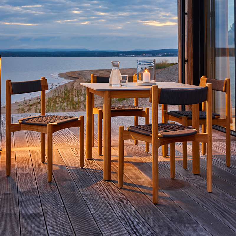 Mesa y silla de teca al aire libre, patio impermeable, protección solar, mesa y silla de comedor de madera maciza, muebles de diseño, combinación de tela de caña al aire libre