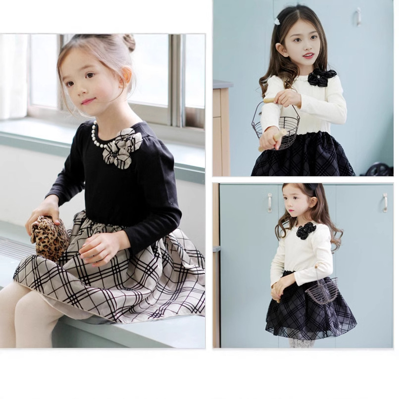 Vestido de los niños del otoño de una sola pieza de entrega estilo coreano niñas de algodón de manga larga vestido de organza a cuadros blanco y negro vestido de princesa