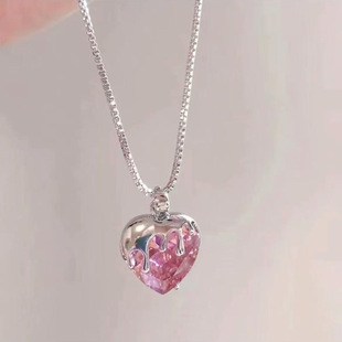 Pink Diamond Sweet Love Necklace Women's Japanese and Korean-style Dongdaemun Karst Heart-shaped High-end All-match Light Luxury Elegant Clavicle Chain