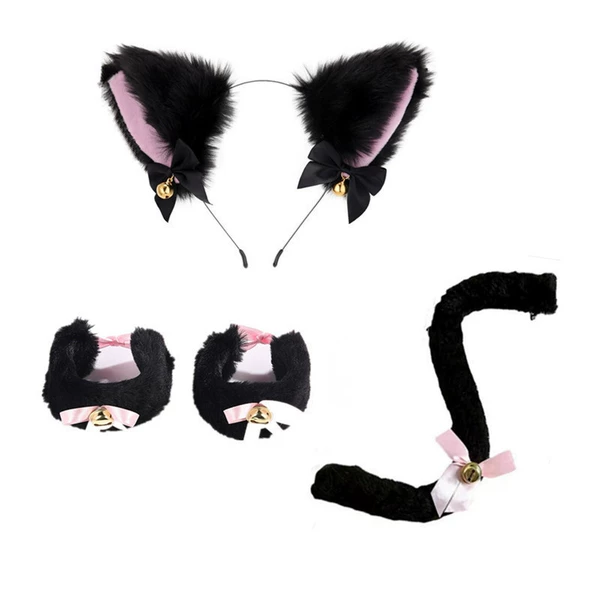 Black hair pink cat ears + bracelet pair + tail