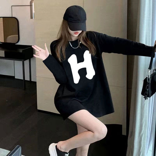 Heavy cotton long-sleeved T-shirt for girls loose new spring and autumn base shirt for students versatile black tops ins trendy