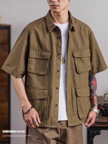 Workwear Japanese retro short-sleeve shirt for men, thin cotton, multi-pocket casual outerwear, stylish chic jacket