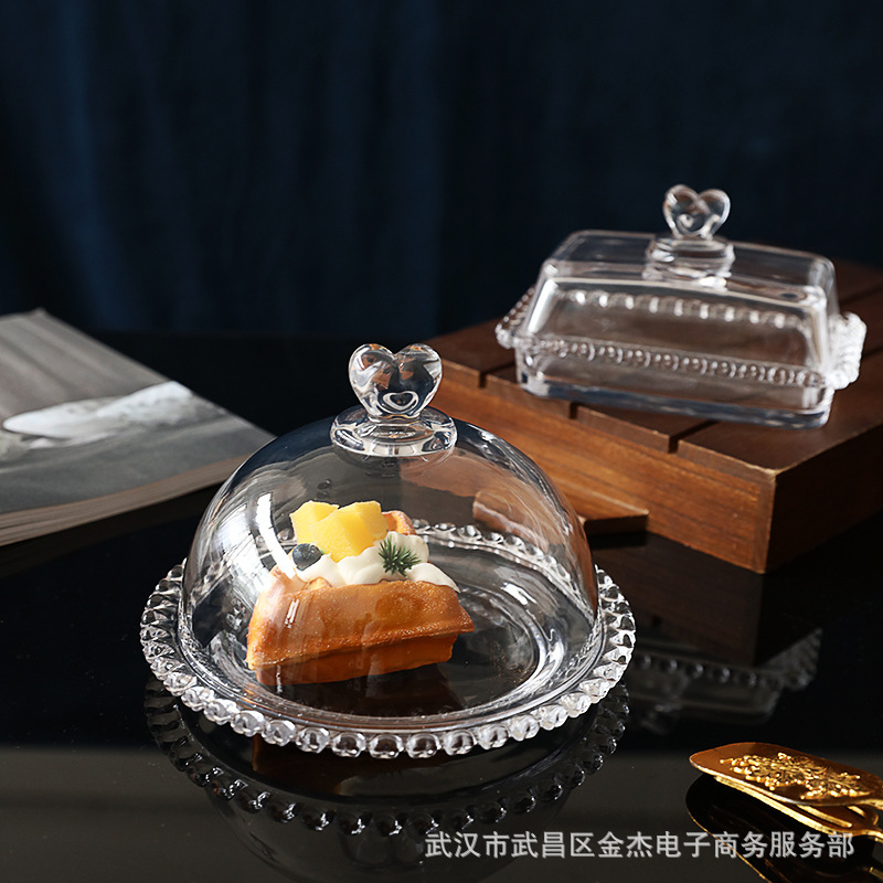 Glass Heart-Shaped Dessert Plate with Lid, Household Tray, Fruit Plate, Bread Tasting Plate, Transparent Dessert Cover Display Plate