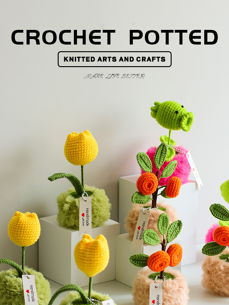 Hand-woven artificial flowers made of wool, potted tulips, oranges, preserved flowers, high-end festival business gift ornaments pic 1