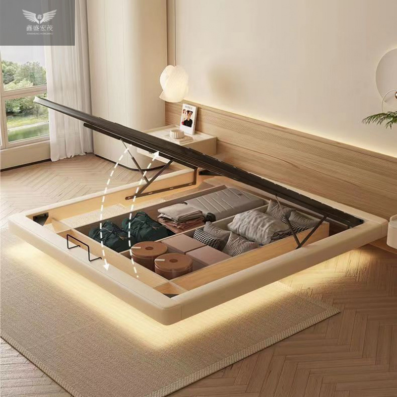 Sin cama, almacenamiento suspendido, cama con lámpara, cama principal de cuero simple moderno, cama grande sin respaldo, cama minimalista italiana