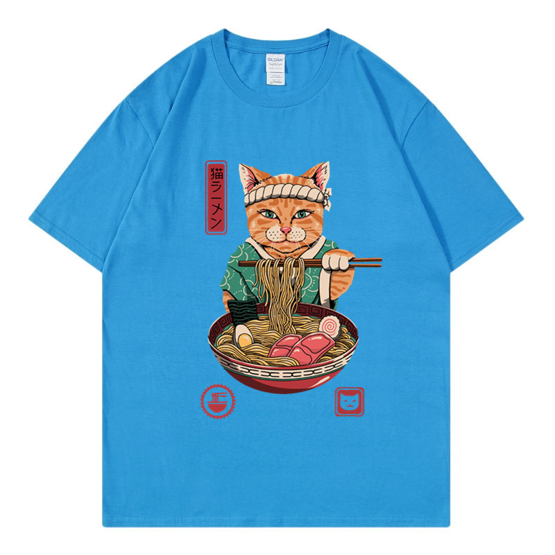 New Zhuoli station Kung Fu cat eating noodles printed t-shirt men's and women's Casual Short Sleeve round neck top_voghion.com