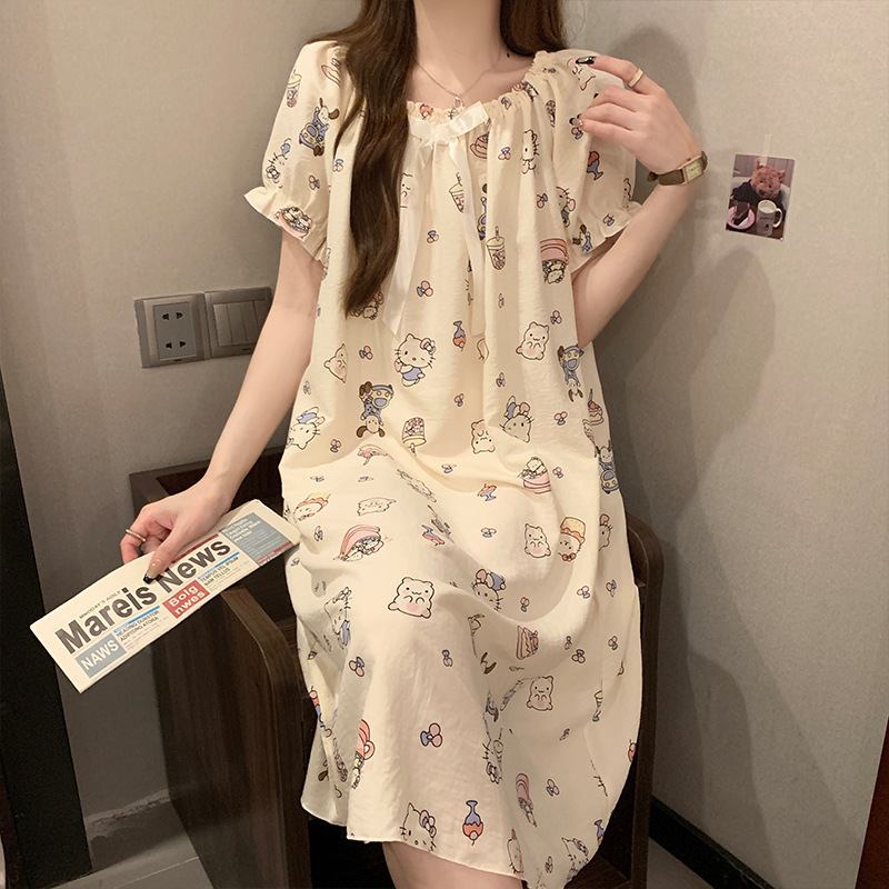 Summer Cloud Cotton Nightgown Women's Short-sleeved Cute Loose Girls Pajamas with Chest Pad Detachable Home Clothes for Going Out
